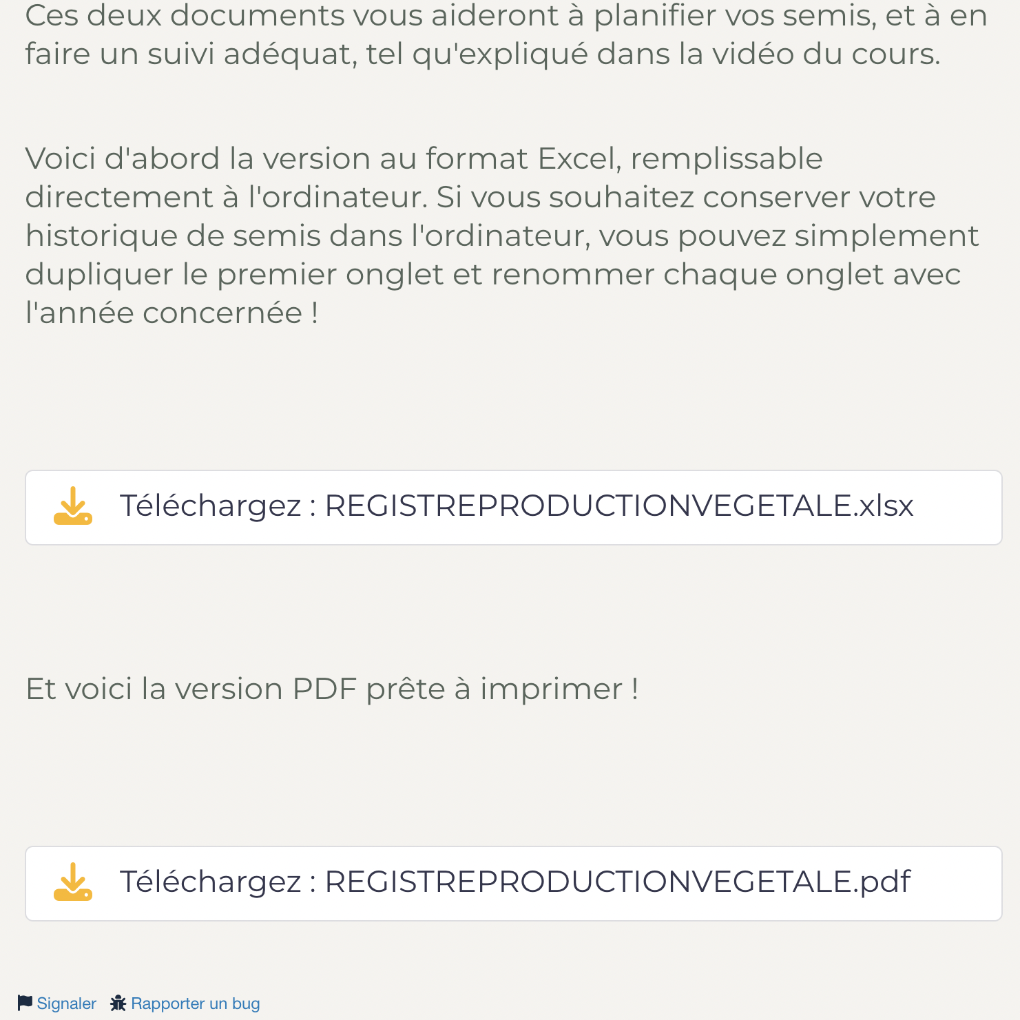 Capture d'écran de la plateforme de formation en herboristerie traditionnelle de La Val'Heureuse, exemple de téléchargements de documents éditables de registres de production.