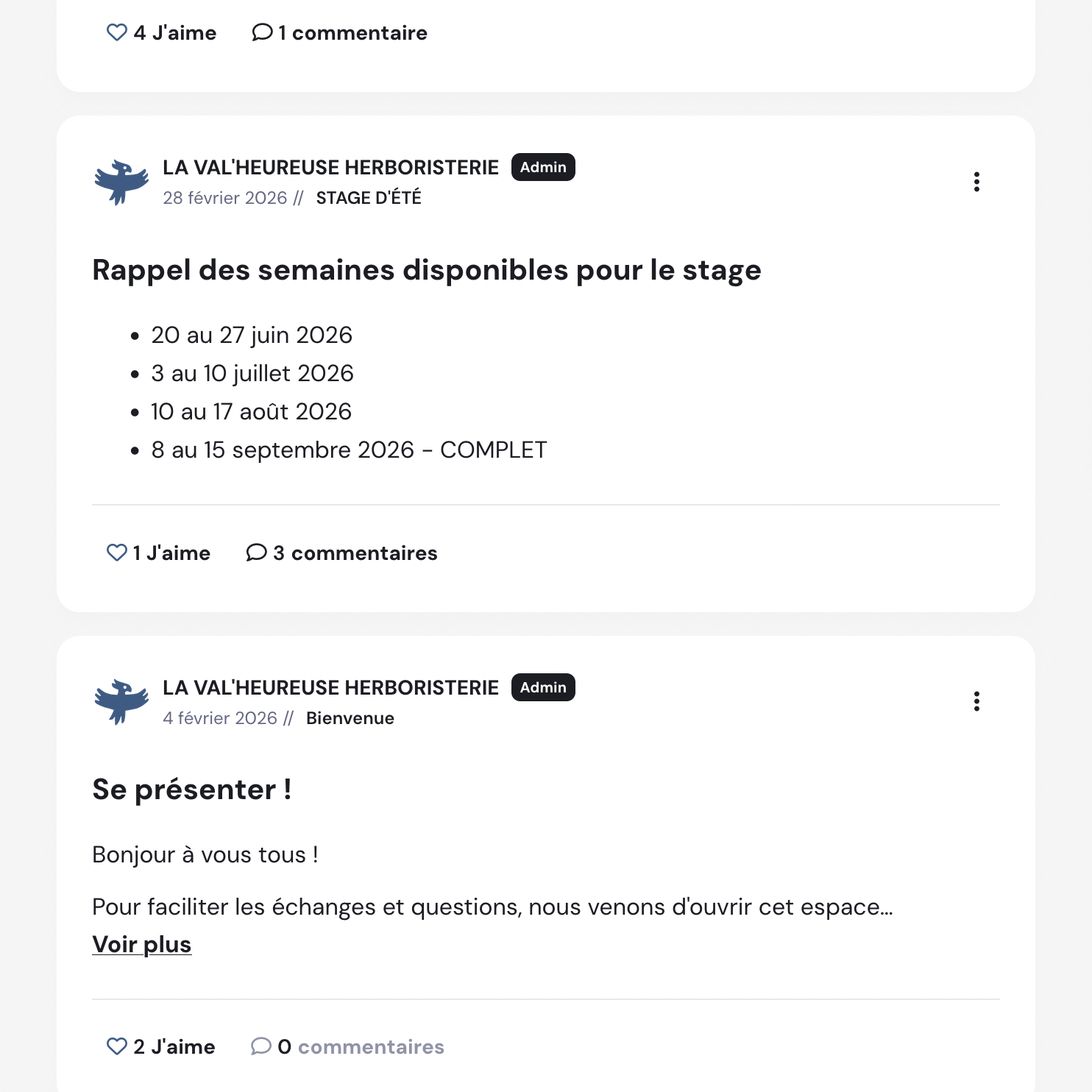 Capture d'écran de la plateforme de forum lié à la formation en herboristerie traditionnelle de La Val'Heureuse.