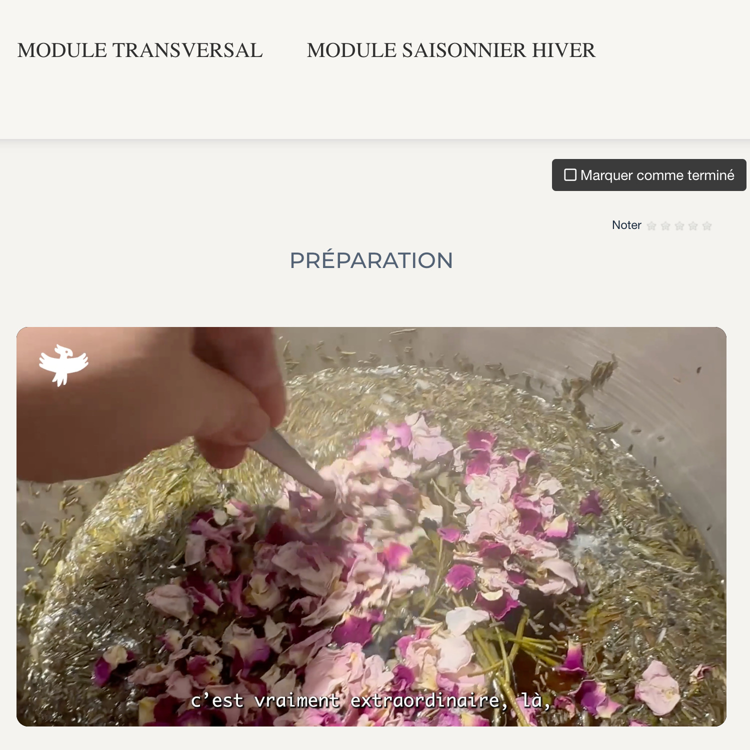 Capture d'écran de la plateforme de formation en herboristerie traditionnelle de La Val'Heureuse. Une vidéo sur comment préparer un bain médicinal avec des plantes.