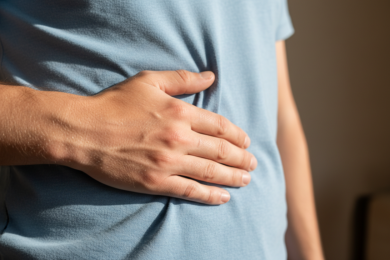 Une main posée sur le ventre au niveau du foie