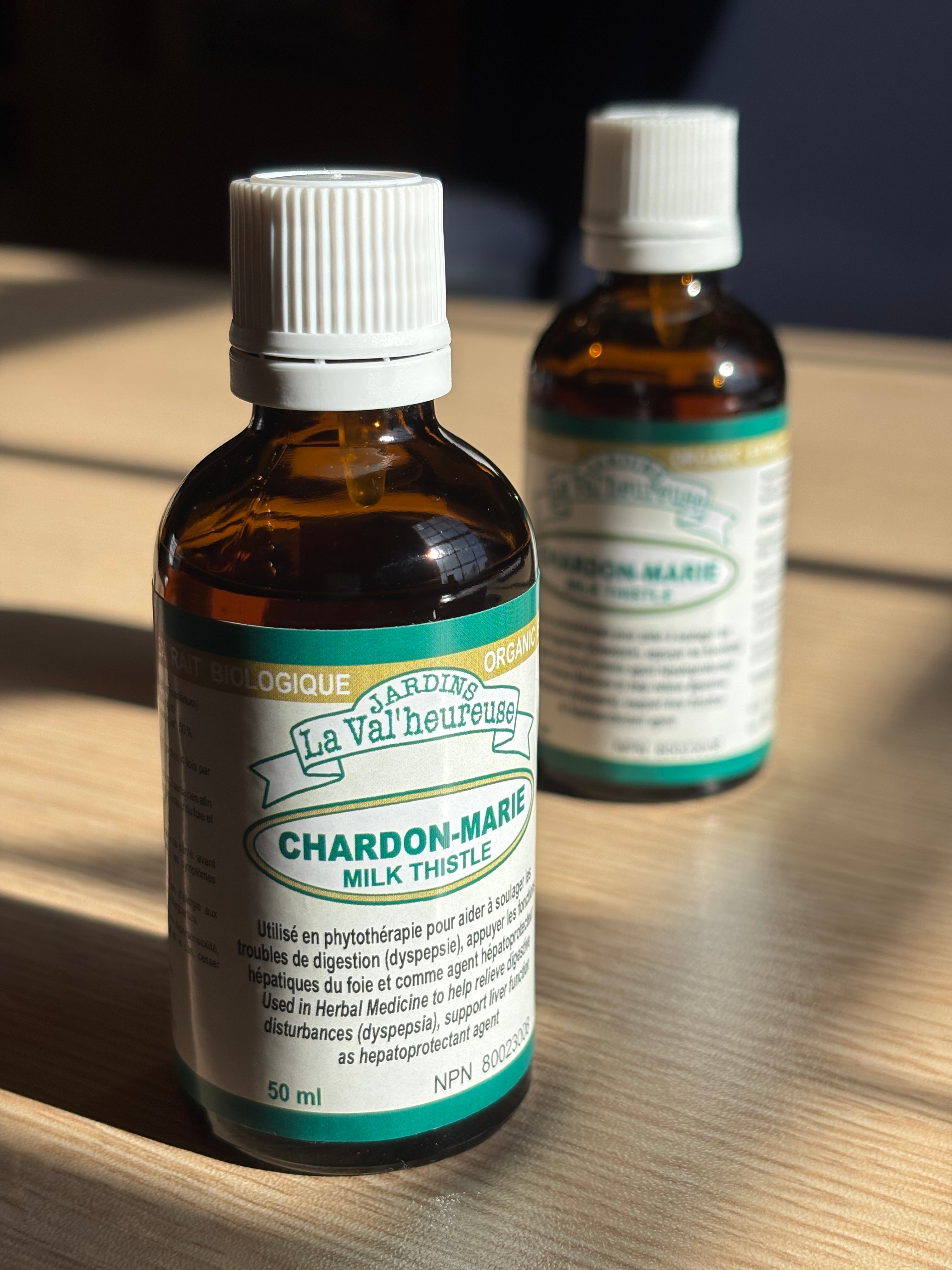 Bouteilles d'extrait de Chardon-Marie Biologique de La Val'Heureuse.