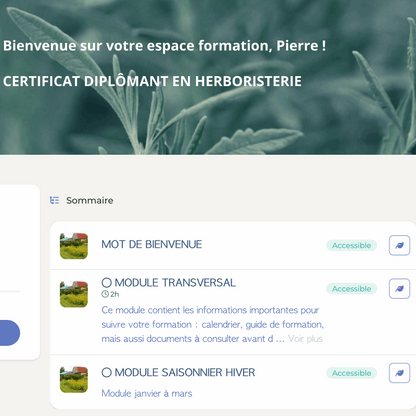 Capture d'écran du menu de bases de la plateforme de formation en herboristerie traditionnelle de La Val'Heureuse. 