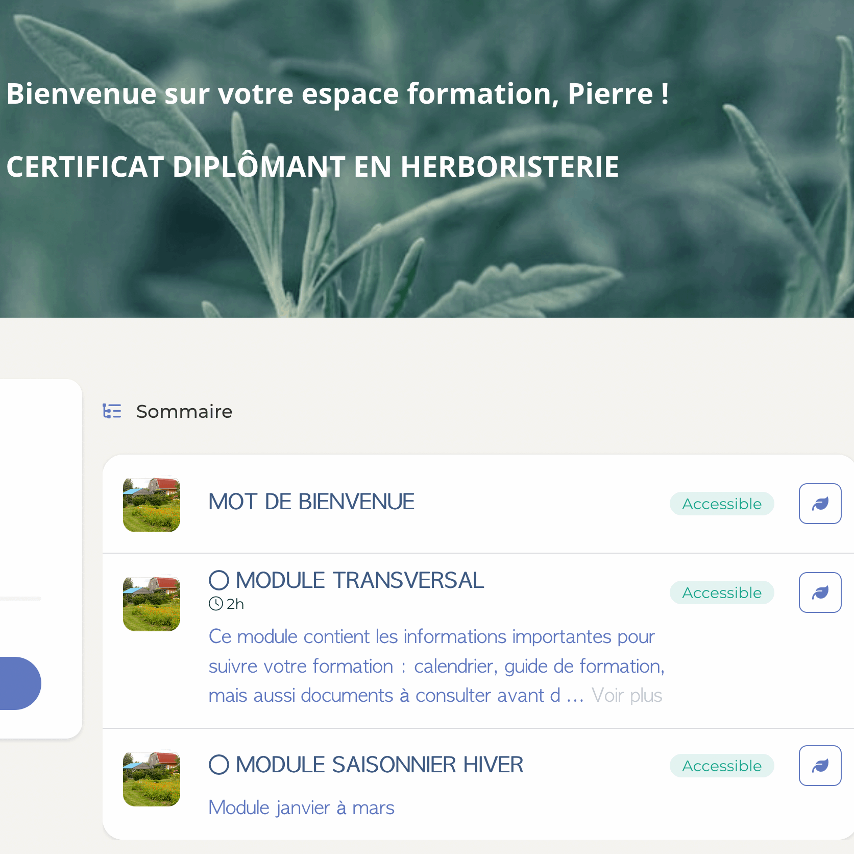 Capture d'écran du menu de bases de la plateforme de formation en herboristerie traditionnelle de La Val'Heureuse. 