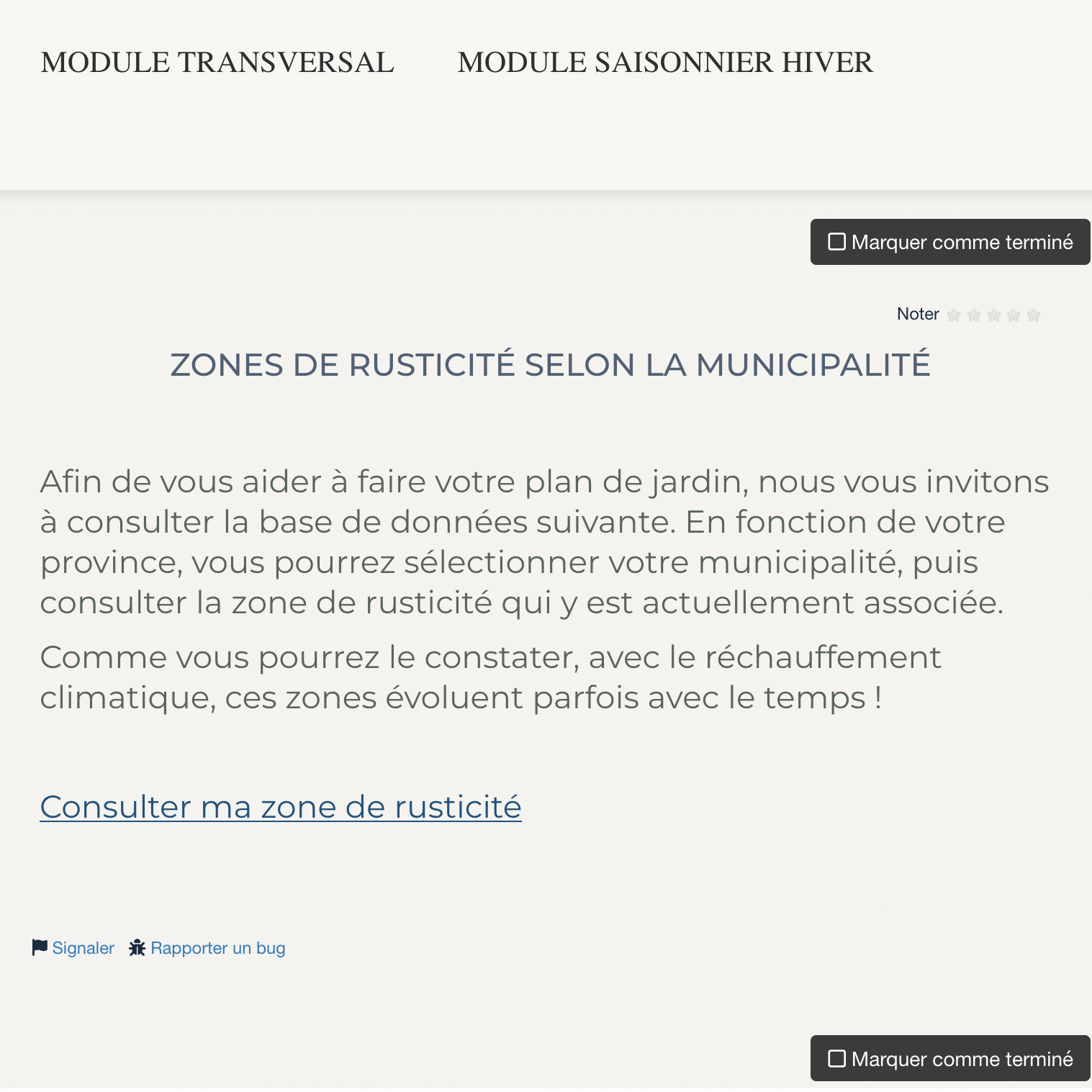 Capture de l'espace numérique de formation de La Val'Heureuse. Exemple de lien pertinent : consultation de la zone de rusticité.