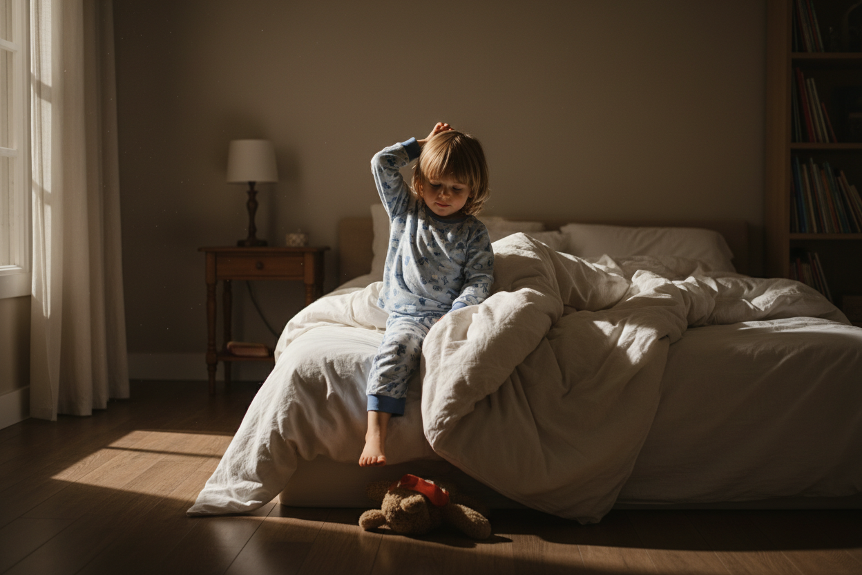 Enfant éveillé dans son lit 