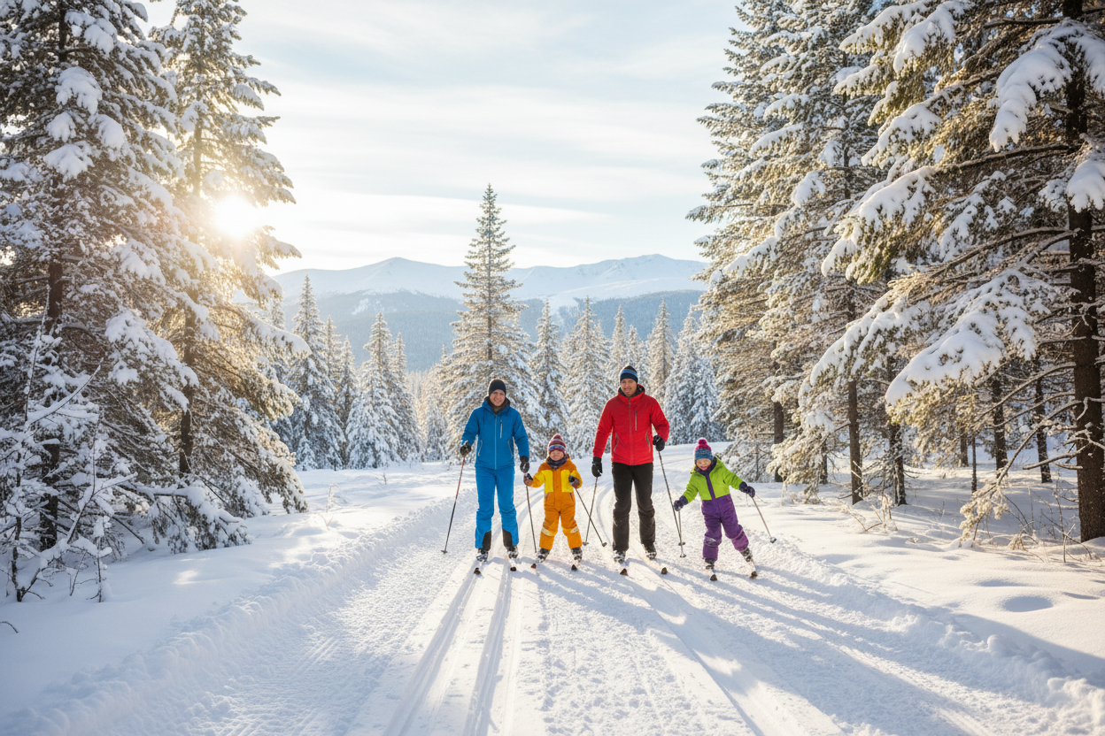 famille qui fait du ski de fond