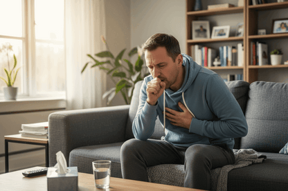 Homme qui tousse sur un canapé
